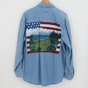 Vtg American Flag Hand Painted Denim Shirt Americana Art to Wear‎ Western Size M